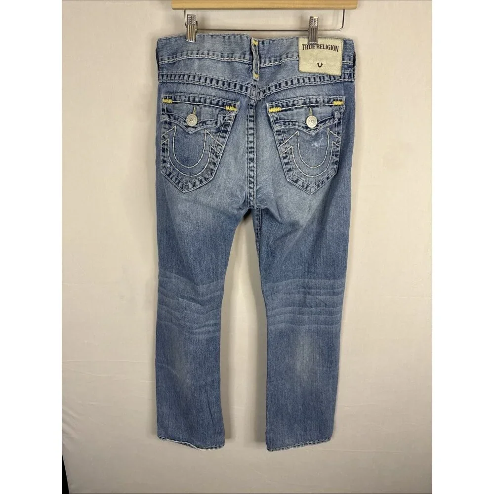 True Religion Ricky Jeans 33x31 Distressed Blue Denim Flap USA‎ Yellow Stitch